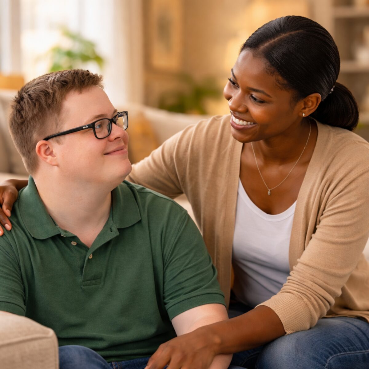 Caregiver providing respectful support to an adult resident in a warm home setting