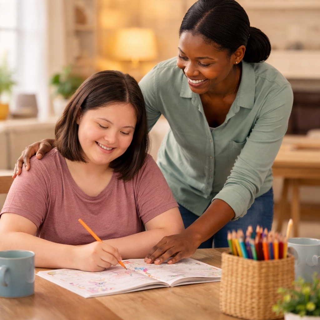 Adult resident participating in a creative lifestyle activity with caregiver support