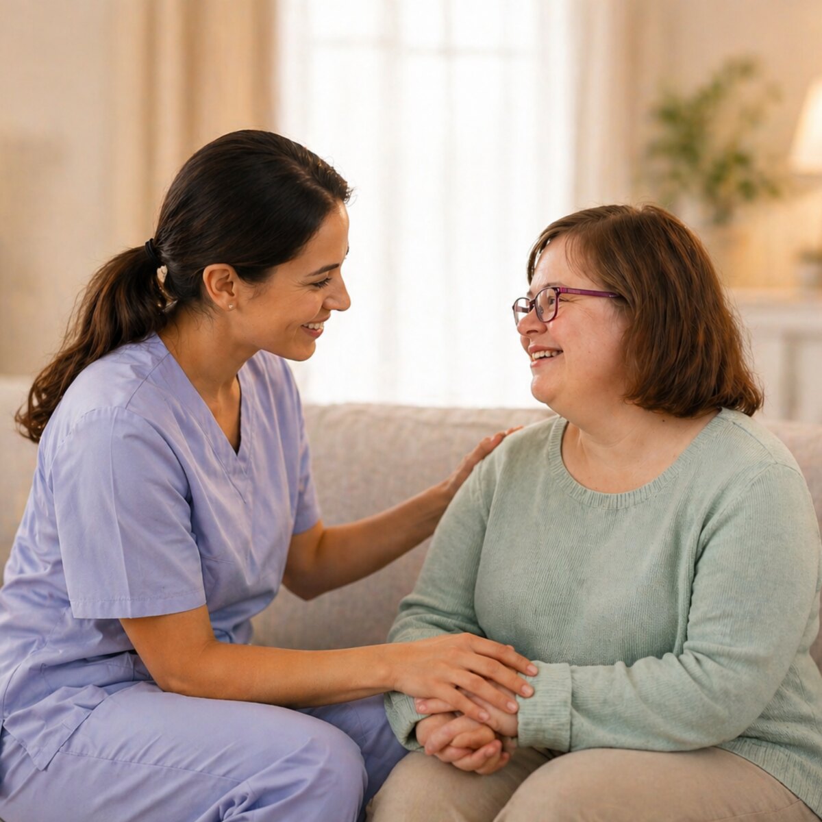 Caregiver sharing a respectful person-centered care moment with an adult resident in a warm home setting